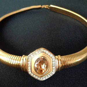 LANVIN Germany Jewelry Yellow Gold Plated Metal Omega Snake Chain Jeweled With Oval Cut Faceted Orange Citrine Clear Crystal Choker Necklace