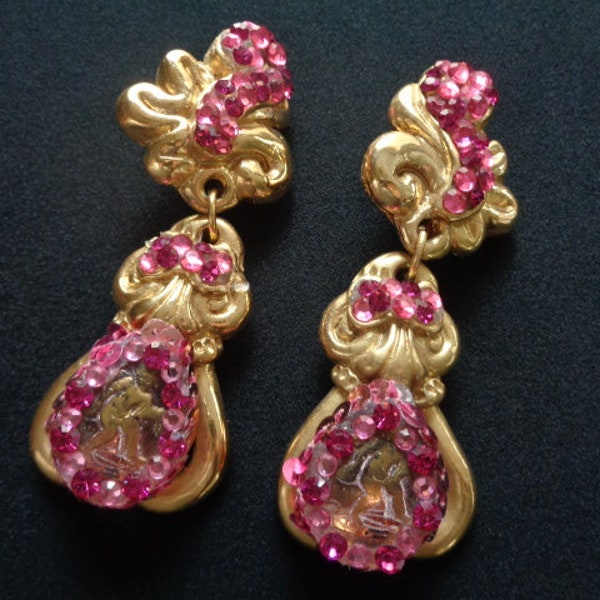 Spectacular JACKY DE G. Made in France Gold Tone Jeweled Pink Rhinestones W/Carved Glass Human Figure Design Earrings French Couture Jewelry