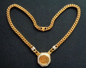 Beautiful Vintage Ancient Roman Greek Style Faux Coin With Sparkle Crystal Rhinestone Accent Gold Link Chain Center Pendant Necklace Jewelry