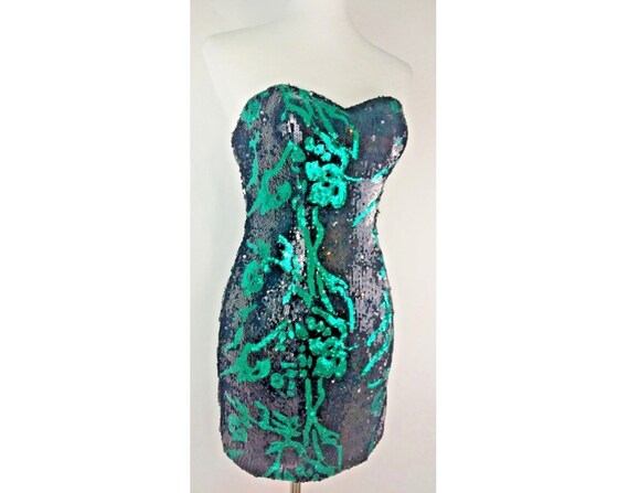 Alyce Jean De Lys Black Emerald Green Sequin Abstract Floral Pattern  Strapless Mini Dress Sz 4 Prom Dance Cocktail Las Vegas Girls Night Out -  Etsy