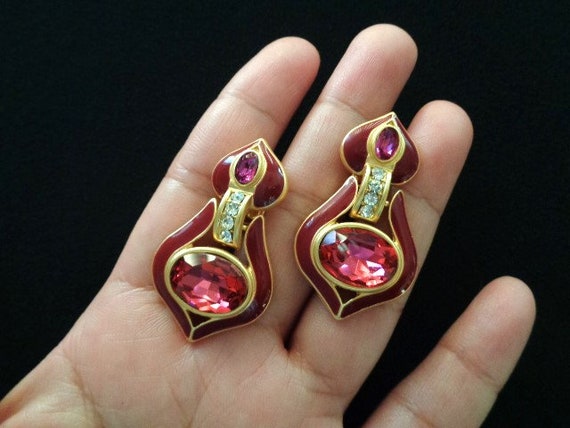 Elegant Red Wine Color Enamel & Faceted Oval Cut … - image 8