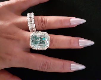 Stunning 19.91 Carat Square Radiant Cut Fancy Ice Blue Color VS1 Clarity HPHT Lab Diamond With White Colorless Diamond Accents Ring Jewelry