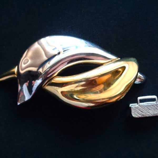 Vintage ALEXIS KIRK Accessories Two-Tone Polished Finish Gold & Silver Metal Modernist Abstract Art Design Large Buckle Fit For 1" Wide Belt