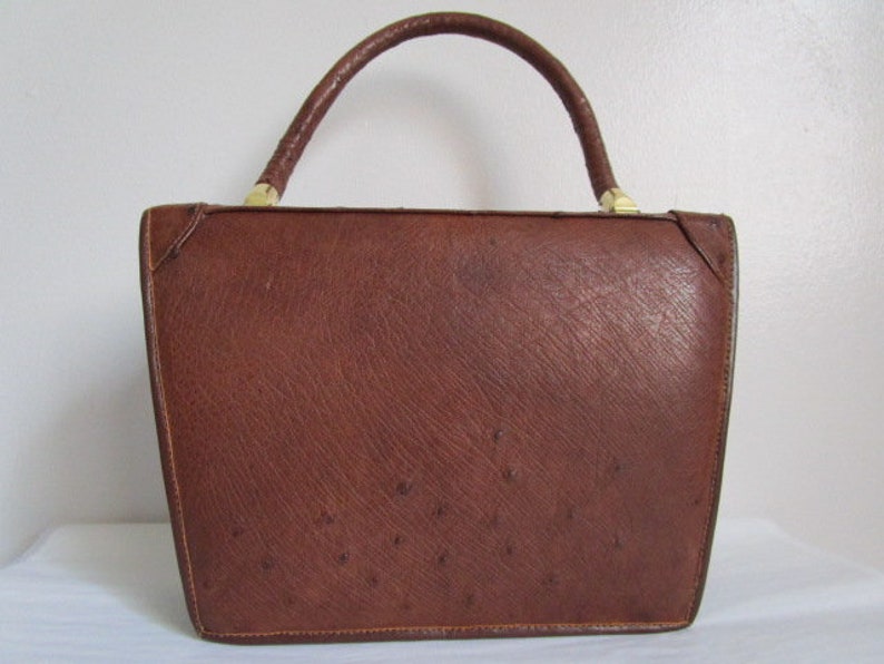 Vintage Cognac Brown Real Genuine OSTRICH Skin Leather Top Handle Satchel Envelope Style Handbag Purse W/Gold Tone Hardware Timeless Classic image 5