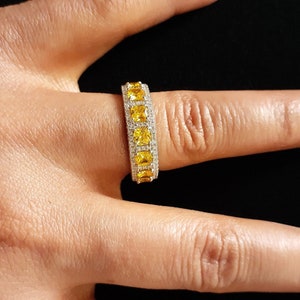 Stunning Square Princess Round Cut Simulated Colorless Diamond Yellow Sapphire AAA Quality CZ Eternity Fancy Wedding Ring Band 925 Silver 7