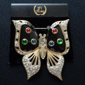 MV Vellano Yellow Gold Tone W/ Black Enamel Clear Rhinestone Blue Red Green Crystal Accents Insect Butterfly Brooch Pin Accessories Jewelry