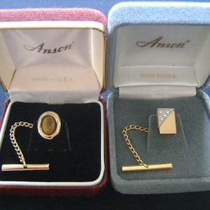 ANSON Man Fashion Jewelry Accessories 2 Tie Tacks Gold Plated W/CZ Cubic Zirconia & Tiger Eye Stone W/ Boxes Groomsmen Wedding Husband Gifts