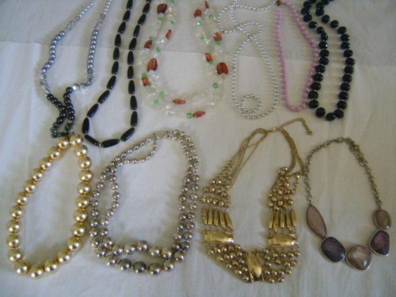 10Piece Lot Glass AB Crystal Plastic Lucite GoldSilver Tone Metal Beads Long Collar Necklaces Beautiful Collection Variety of Styles Colors