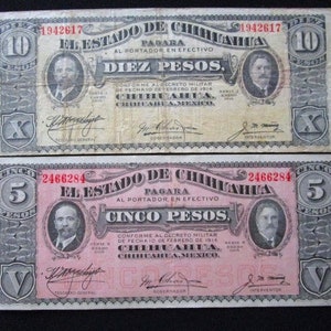 Lot 2 1914 Mexique Révolutionnaire Chihuahua El Estado De Chuhuahua Billets de banque mexicains Papier-monnaie 5 & 10 Diez Cinco Pesos Gobierno Provisoire