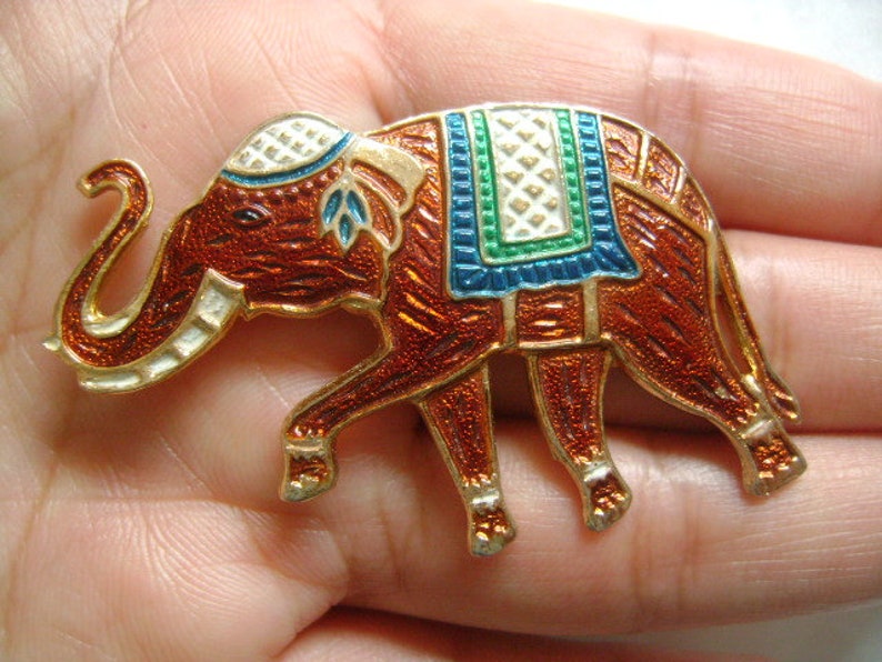 Lovely Vintage WARNER Joseph Warner Jewelry NY Gold Tone Enameling Brown White Green Blue Enamel Good Luck Lucky Elephant Animal Brooch Pin