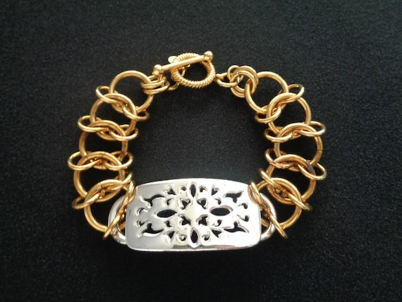 Lovely PD Premier Designs Jewelry Brand Two Tone Gold Silver Tone Metal Accents Link Chain Openwork Filigree Toggle Clasp Fashion Bracelet Etsy