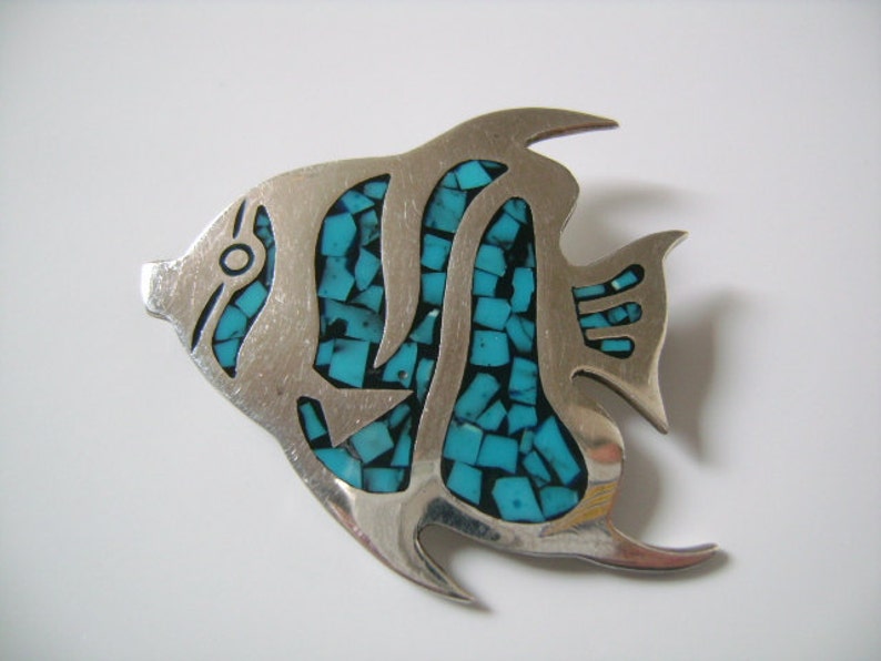 Taxco Mexico 925 Mexican Sterling Silver Inlaid Black /& Blue Turquoise Inlay Figural Bramidae Pomfret Angel Fish Brooch Pin Sea Ocean Animal