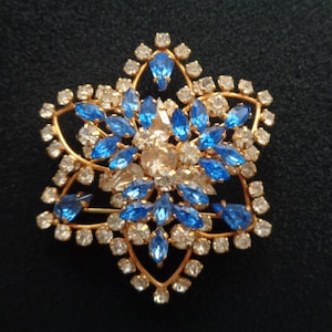 Vintage DCE Curtis 1/20 12K GF Yellow Gold Filled W/ Marquise Round Cut Blue &White Clear Crystal Rhinestone STAR Brooch Pin Pendant Jewelry
