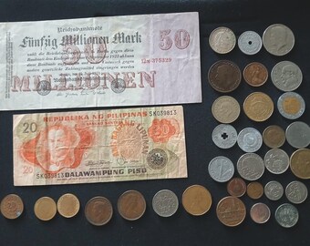 33 Piece Collectibles Lot Banknotes, Coins & Tokens Collecting Lot For Sale Paper Money Collection Hobby Idea