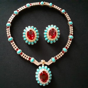 Rare Benedetto PANETTA Gold Plated Oval Cut Simulated Ruby Red Turquoise Cabochon Sparkling Crystal Dangle Pendant Necklace Earrings Jewelry