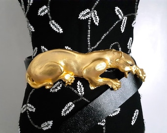 Wild Animal Textured Gold Tone Metal Large Panther Cougar Puma Jaguar BIG Cat Buckle FREE Black Belt Unisex Man & Woman Fashion Accessories