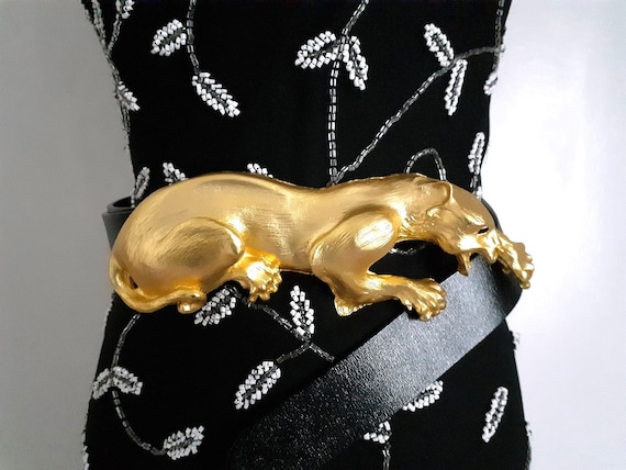 Wild Animal Textured Gold Tone Metal Large Panther Cougar Puma Jaguar BIG Cat Buckle FREE Black Belt Unisex Man Woman Fashion Accessories Etsy UK