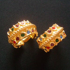 Fabulous Vintage Swarovski SWAN Logo Yellow Gold Tone Accented With a Blue Purple Green Red Colors Crystal Clip on Back Hoop Earrings 37.9g
