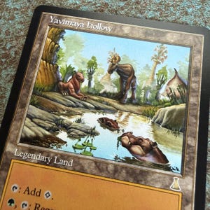 May include: A rectangular trading card titled Yavimaya Hollow, featuring a colorful illustration of a swampy landscape with hippopotamuses in the water and on the bank. The card text includes Legendary Land and game symbols on a tan background.