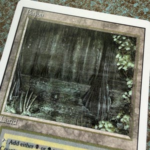 May include: A rectangular trading card with a white border featuring the text Bayou at the top and Land at the bottom. The central illustration depicts a dark, wooded swamp scene with tall trees, murky water, and green foliage on the right side.