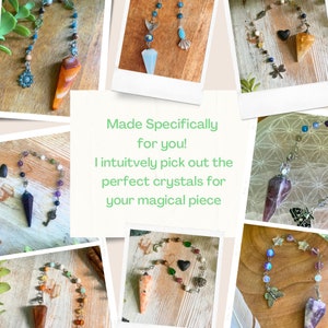 May include: A collection of six crystal pendulums with different colored crystals and charms. Each pendulum has a metal chain and a variety of beads. The text "Made Specifically for you! I intuitively pick out the perfect crystals for your magical piece" is displayed on a white background.