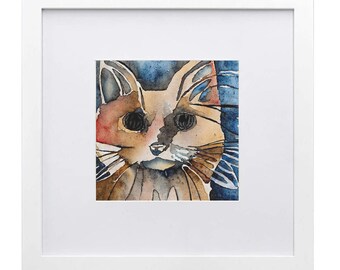 Cat Abstract Watercolor print with Solid Wood Fra