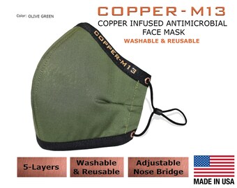 Copper M13 5-Layer Copper Infused Anti-Microbial Face Mask – Washable, Reusable, Unisex, Made In USA