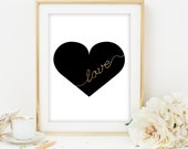 black and gold art print love printable heart gold glitter love printable wedding decor nursery art dorm room decor gold glitter love print