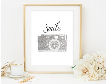 smile print silver camera printable camera print silver art silver print silver printable smile quote smile camera print college room decor