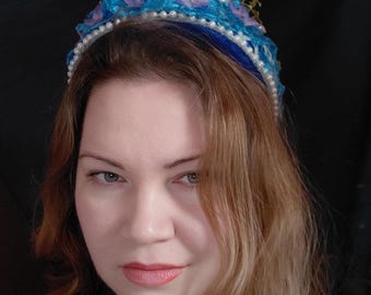 Mermaid Blue Headband with pearly shells, lace and flowers