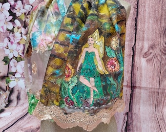 The Fairy Queen hand-painted scarf, kimono silk