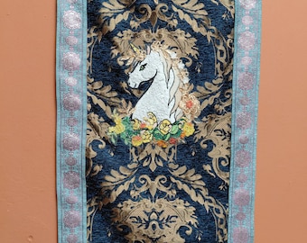 Midnight Unicorn tapestry UK handmade appliqué and embroidered wall hanging 42x70cm