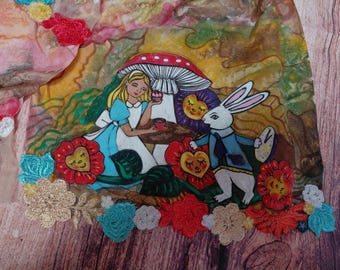 Alice's Adventures in Wonderland hand-painted scarf, kimono silk