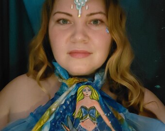 Hand-Painted Mermaid & Dolphins Scarf – Upcycled Kimono Silk Wearable Art