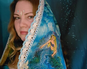 Art Silk Mermaid Queen Scarf – Hand-Painted Kimono Silk