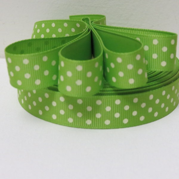 Grossgrain Ribbon- 5/8"  Lime Green/ White Polka Dot continuous  5 yrd.