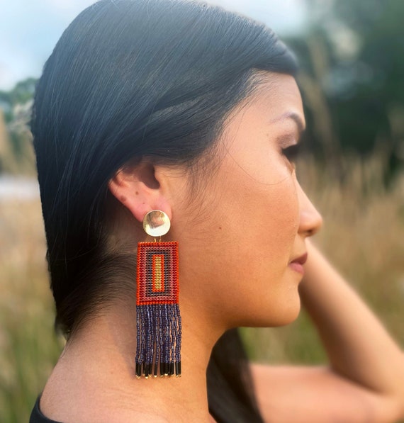 Buy Handwoven Beaded Concentric Rectangle Fringe Earrings Online in India   Etsy