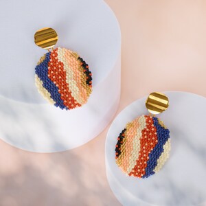 Handwoven Beaded Organic Oval Drop Earrings Blue