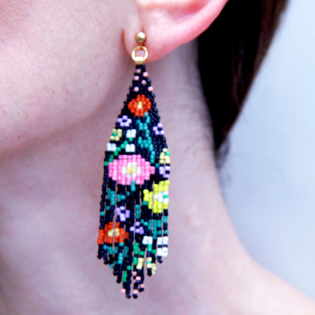 Handwoven Beaded Wildflower Fringe Earrings Etsy
