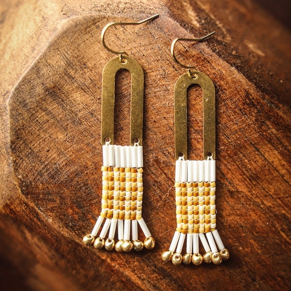 Handwoven Beaded Gingham Earrings with Mini Brass Arch