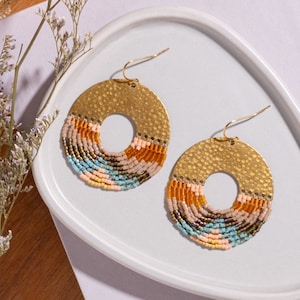 Handwoven Beaded Organic Circular Fringe Earrings with Brass Arch Detail