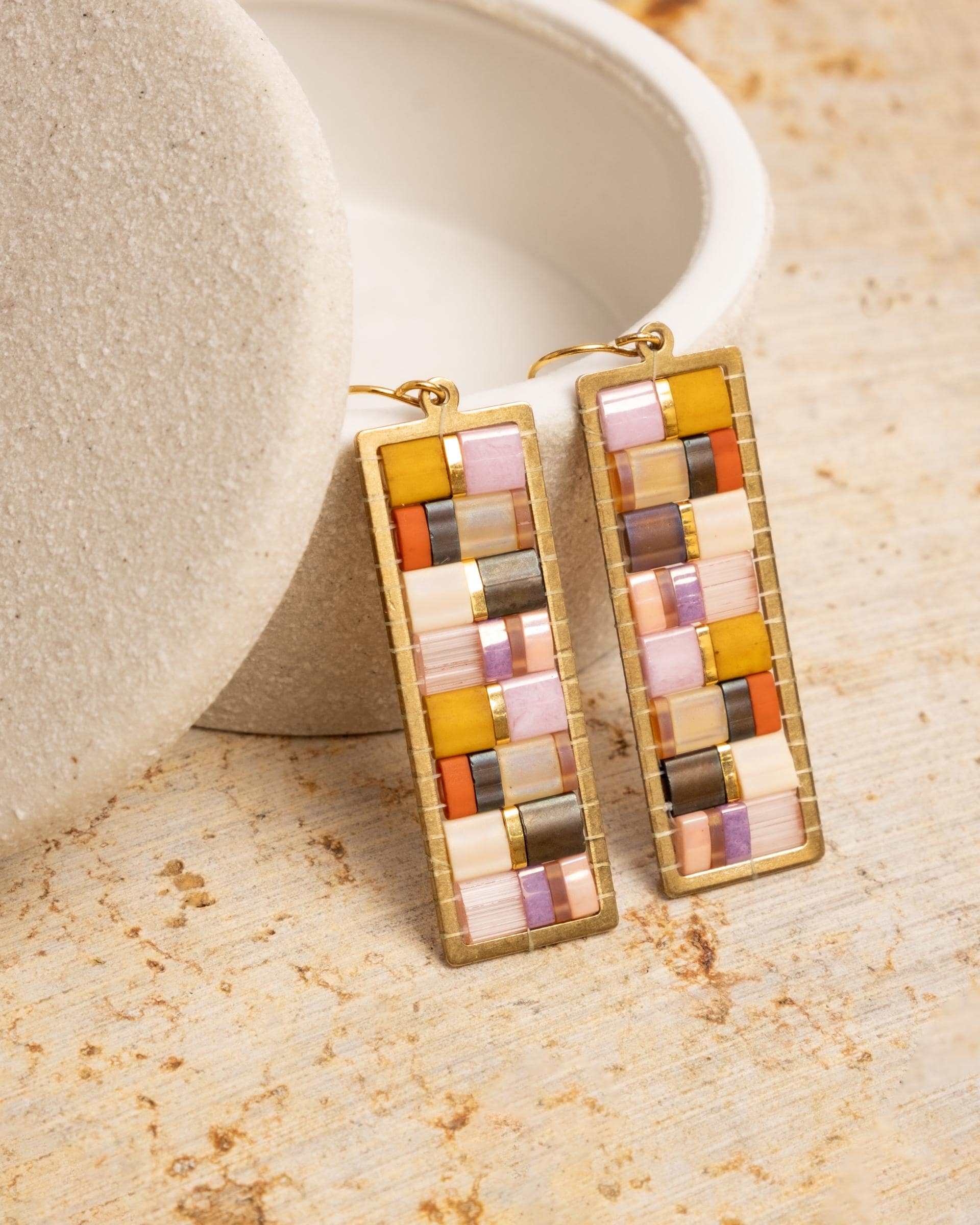 Beaded Handwoven Mosaic Tila and Brass Earrings