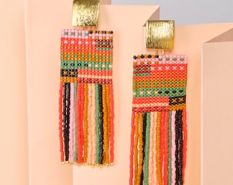 Handwoven Beaded Striped Knit Fringe Earrings