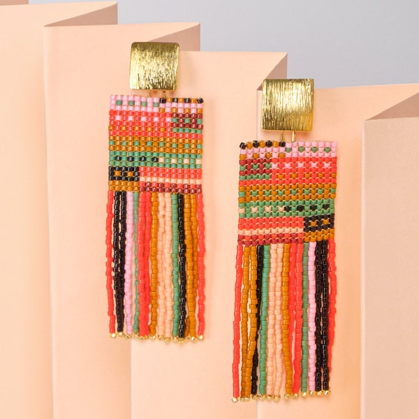 Handwoven Beaded Striped Knit Fringe Earrings