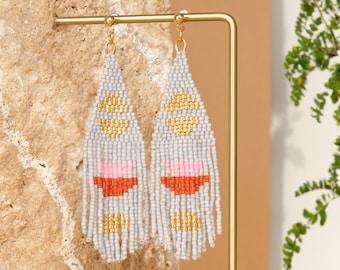 Handwoven Beaded Half Moon Fringe Earrings