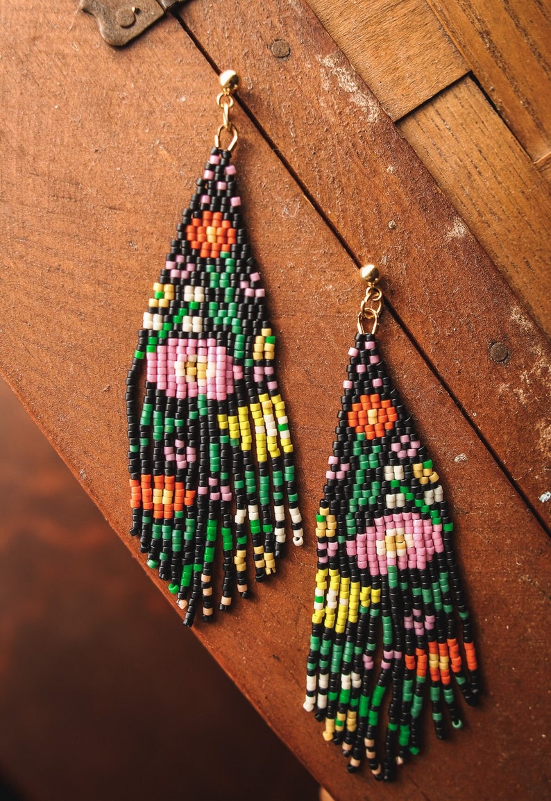 Handwoven Beaded Wildflower Fringe Earrings Etsy