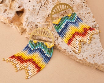 Beaded Handwoven Sunlit Wave Fringe Earrings