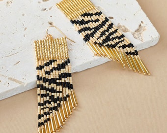 Beaded Handwoven Golden Zebra Fringe Earrings