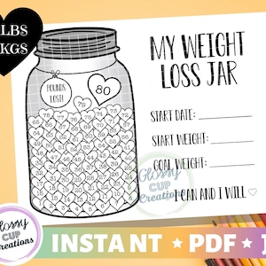 My Weight Loss Jar 80LB - Printable PDF JPG - Pfund verlorenes Glas - Auflösungen - Fitness Tracker - Ziele - Startgewicht - Malseite