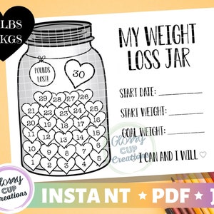 Mein Weight Loss Jar 30lbs - Printable PDF JPG - Pfund verlorenes Glas - Auflösungen - Fitness Tracker - Ziele - Startgewicht - Malseite